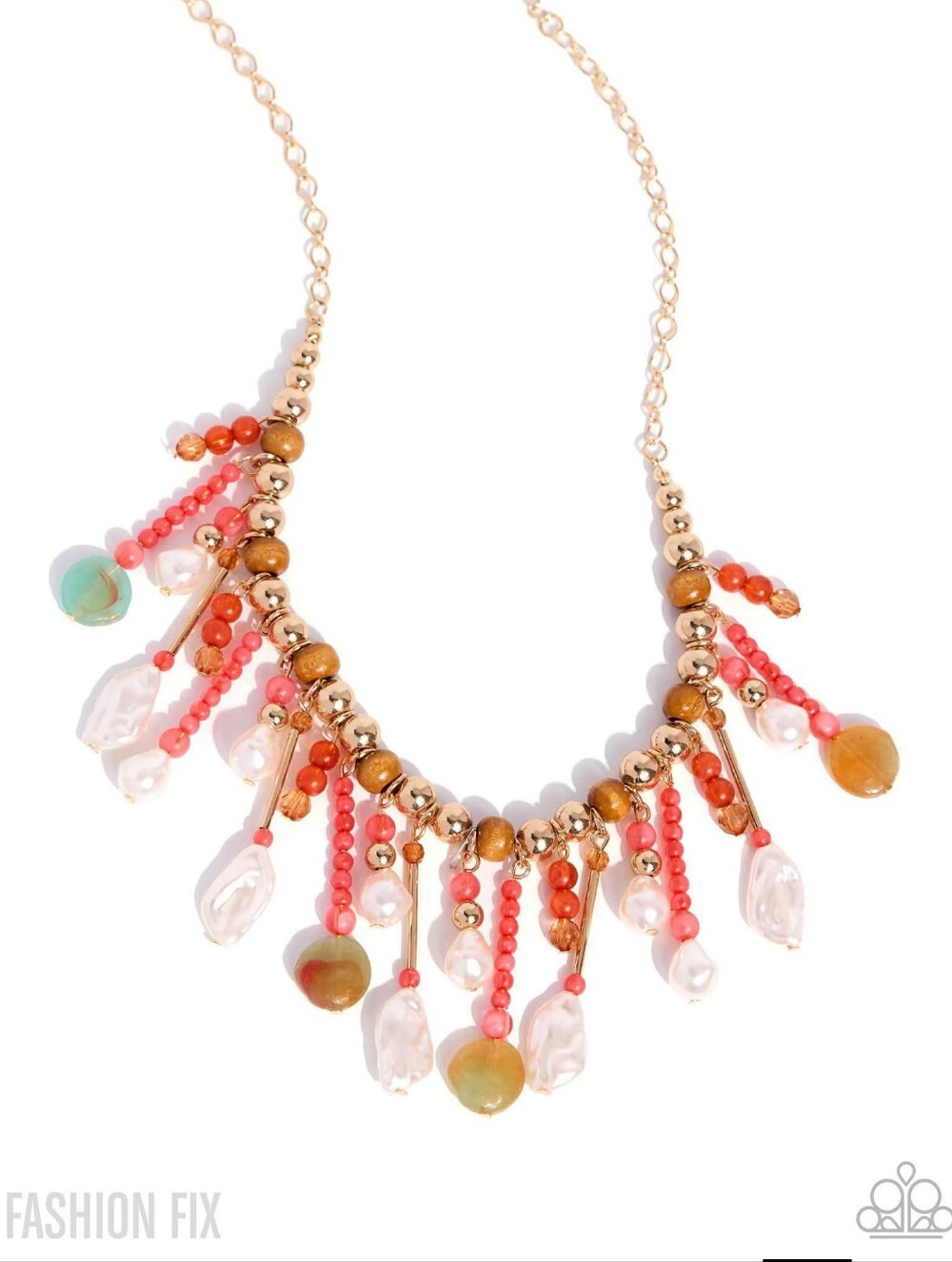 paparazzi Coral, Gold & Pearl Beaded Fringe Necklace